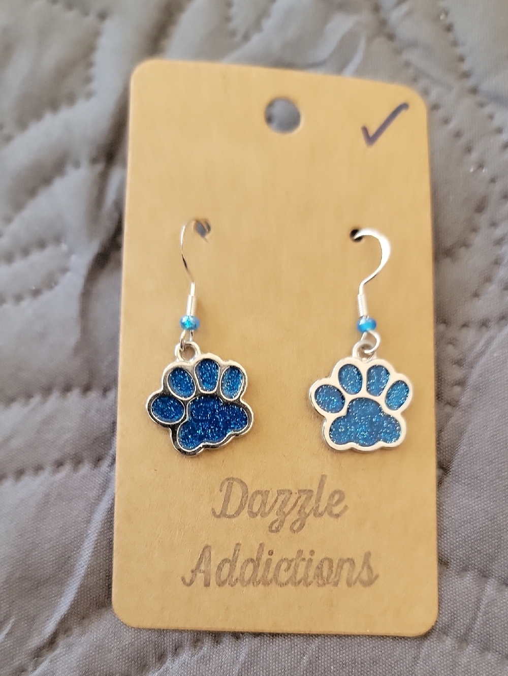 Blue Glitter Paw Print Dangle Earrings